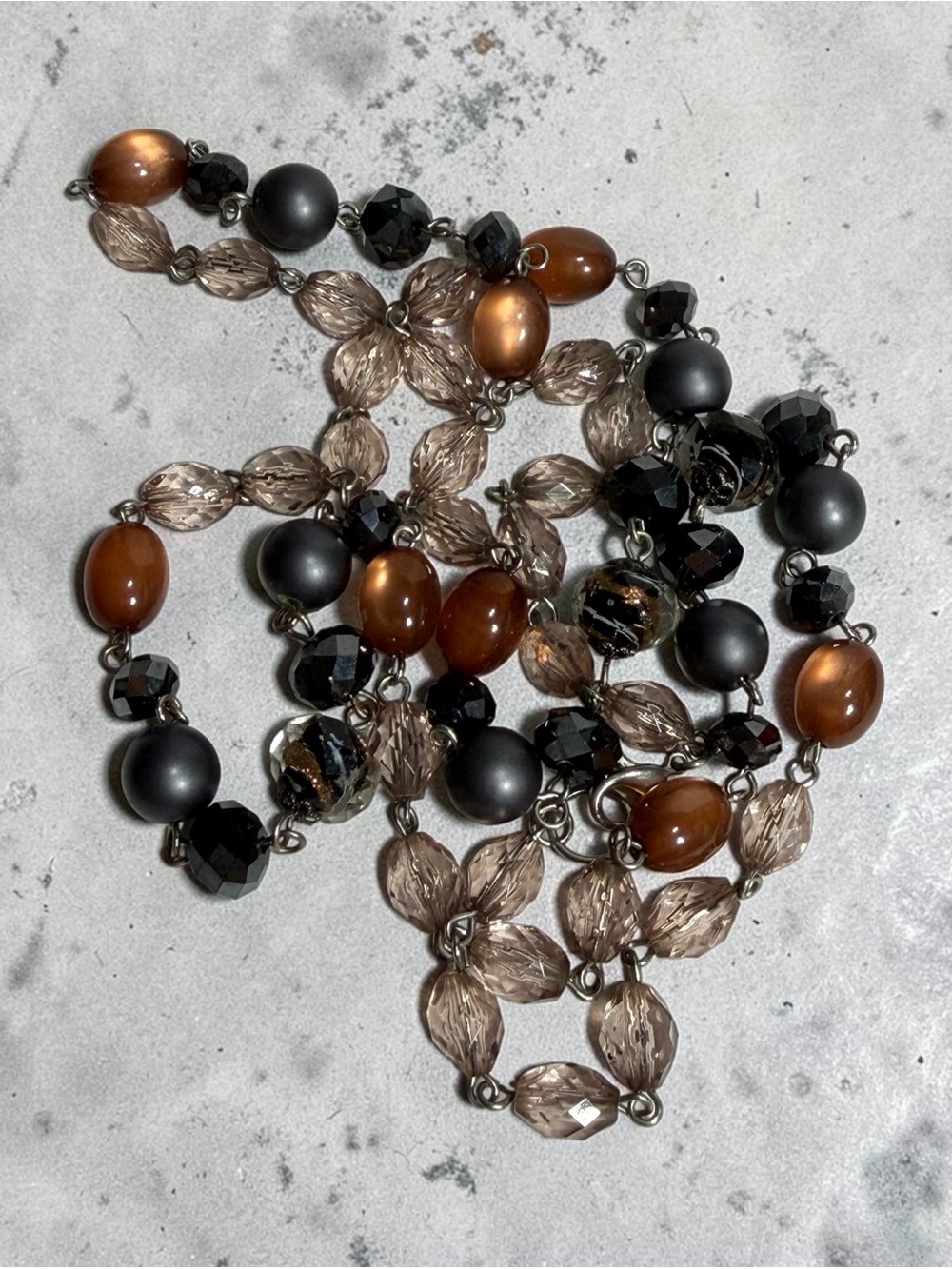 Long Beaded Necklace Champagne Black Faceted & Smooth Neutral Warm Earthy